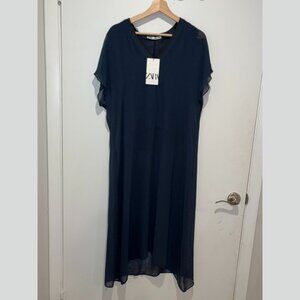 NWT Zara Navy Blue Long Tunic Sheer top  Women’s Size L